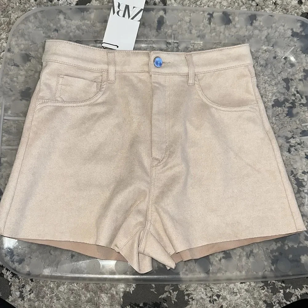 ZARA Ecru Faux Suede High Waist Shorts NWT Size 6 / 28 - Picture 6 of 8